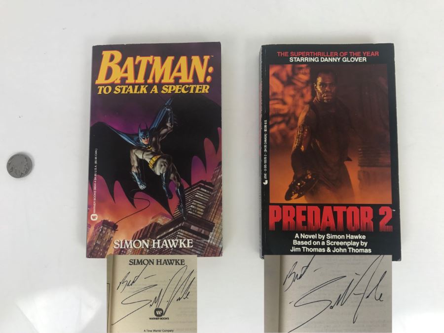 Signed Set Of (2) Paperback Books Batman: To Stalk A Specter And Predator 2 By Simon Hawke [Photo 1]