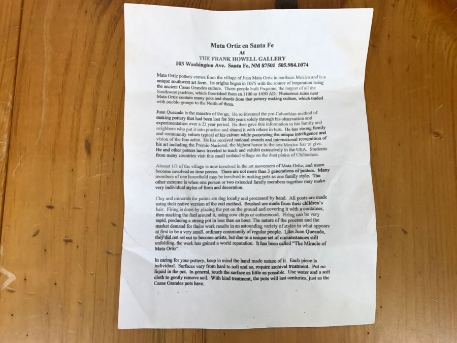 Large Signed Mata Ortiz Pottery By Miguel Bugarini En Santa Fe From The Frank Howell Gallery With Wrought Iron Stand 15'W X 18'H Estimate $250 [Photo 18]