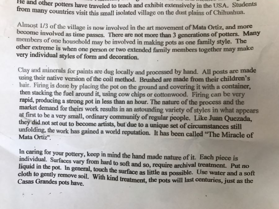 Large Signed Mata Ortiz Pottery By Miguel Bugarini En Santa Fe From The Frank Howell Gallery With Wrought Iron Stand 15'W X 18'H Estimate $250 [Photo 20]