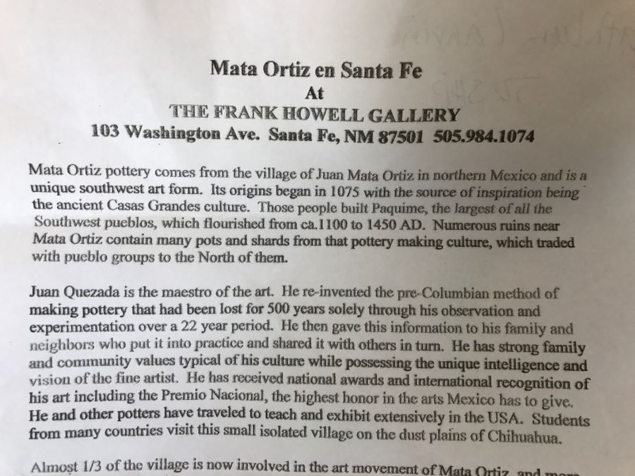 Large Signed Mata Ortiz Pottery By Miguel Bugarini En Santa Fe From The Frank Howell Gallery With Wrought Iron Stand 15'W X 18'H Estimate $250 [Photo 19]