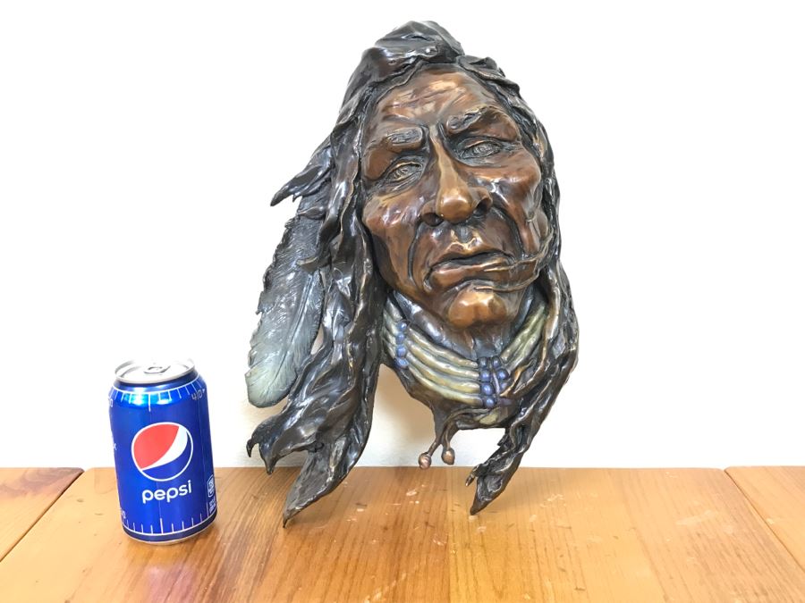 Signed Bronze Wall-Mounted Bust Of Native American 10'W X 14'H X 4.5'D [Photo 1]