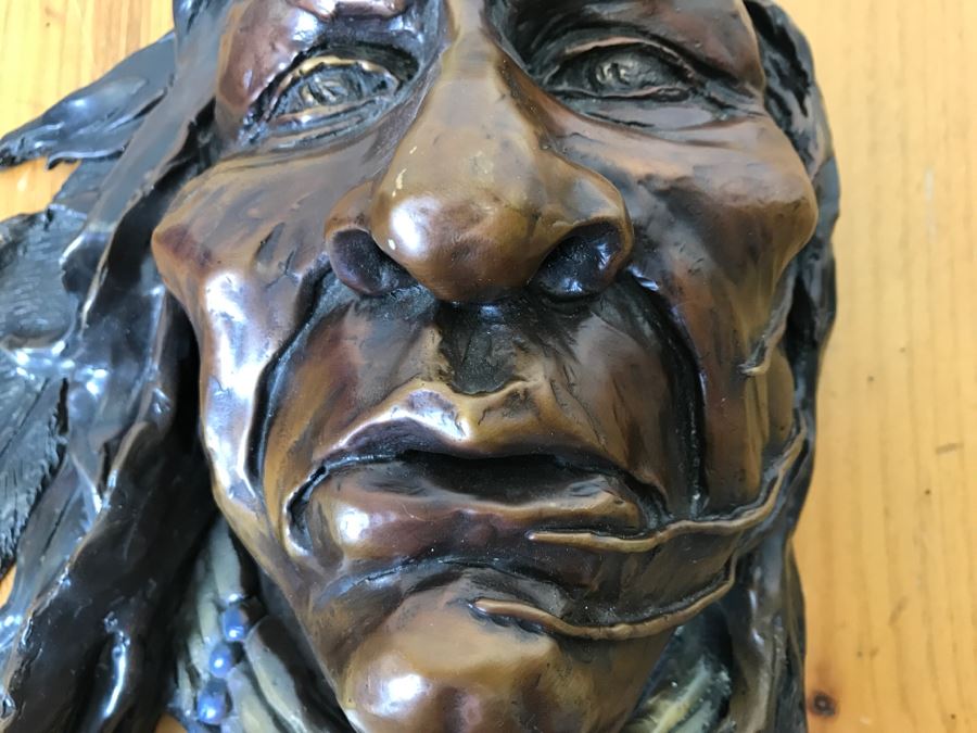 Signed Bronze Wall-Mounted Bust Of Native American 10'W X 14'H X 4.5'D [Photo 8]