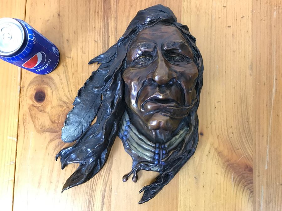 Signed Bronze Wall-Mounted Bust Of Native American 10'W X 14'H X 4.5'D [Photo 2]