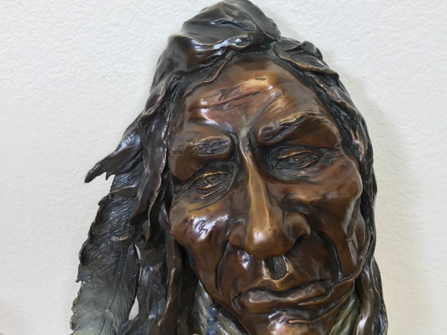 Signed Bronze Wall-Mounted Bust Of Native American 10'W X 14'H X 4.5'D