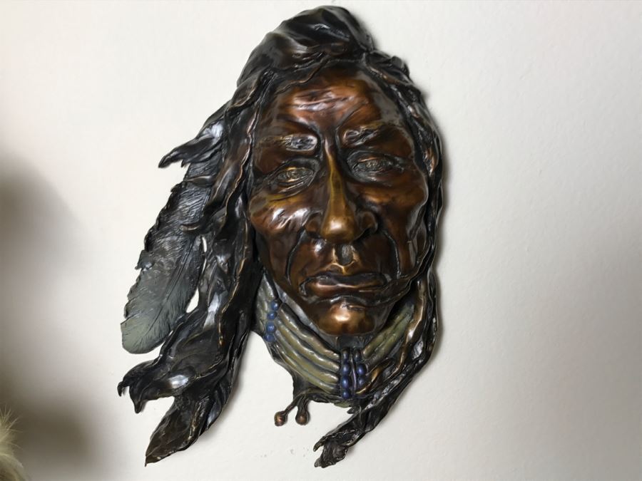 Signed Bronze Wall-Mounted Bust Of Native American 10'W X 14'H X 4.5'D [Photo 30]