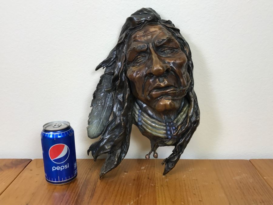 Signed Bronze Wall-Mounted Bust Of Native American 10'W X 14'H X 4.5'D [Photo 24]