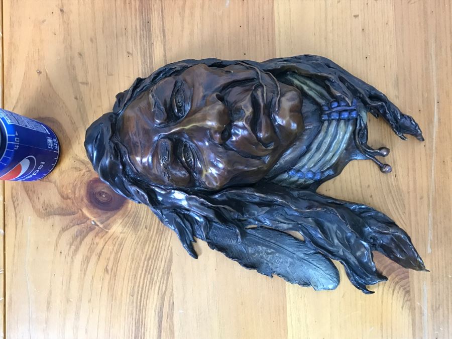 Signed Bronze Wall-Mounted Bust Of Native American 10'W X 14'H X 4.5'D [Photo 14]