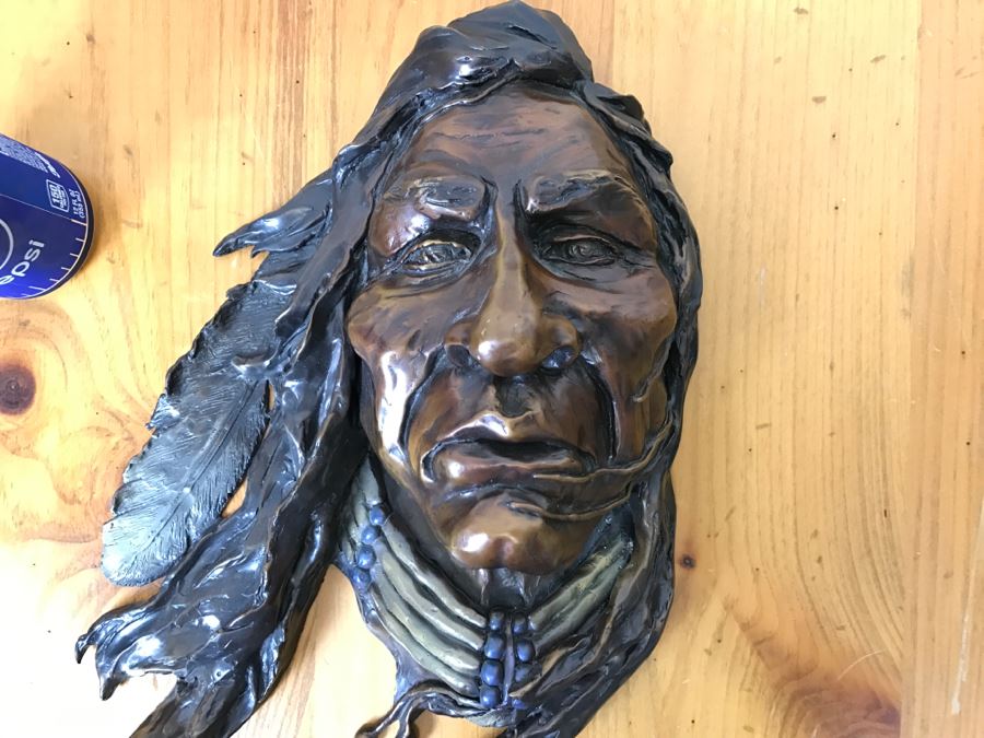 Signed Bronze Wall-Mounted Bust Of Native American 10'W X 14'H X 4.5'D [Photo 5]