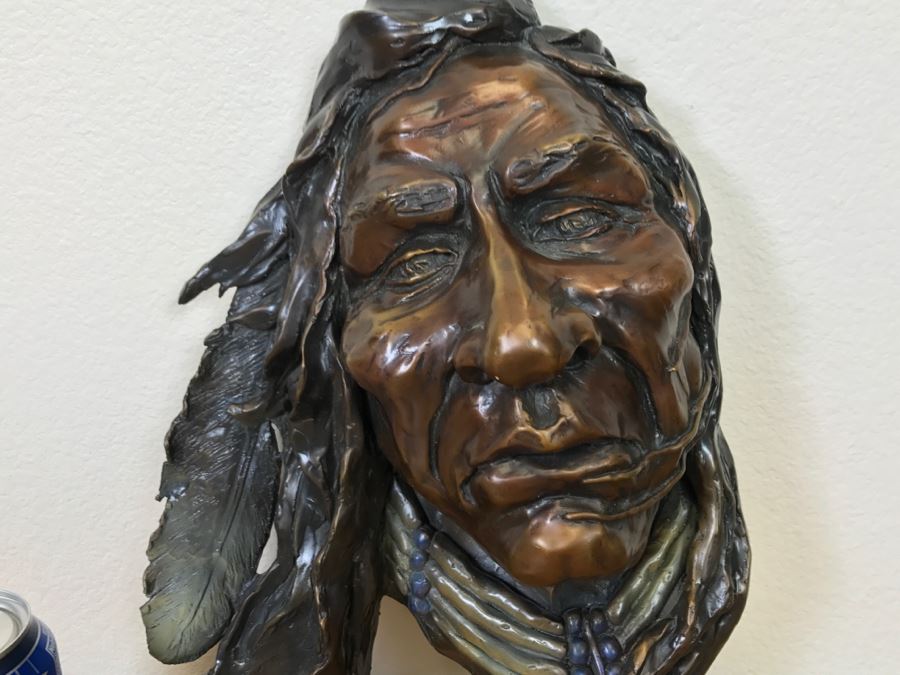 Signed Bronze Wall-Mounted Bust Of Native American 10'W X 14'H X 4.5'D [Photo 25]