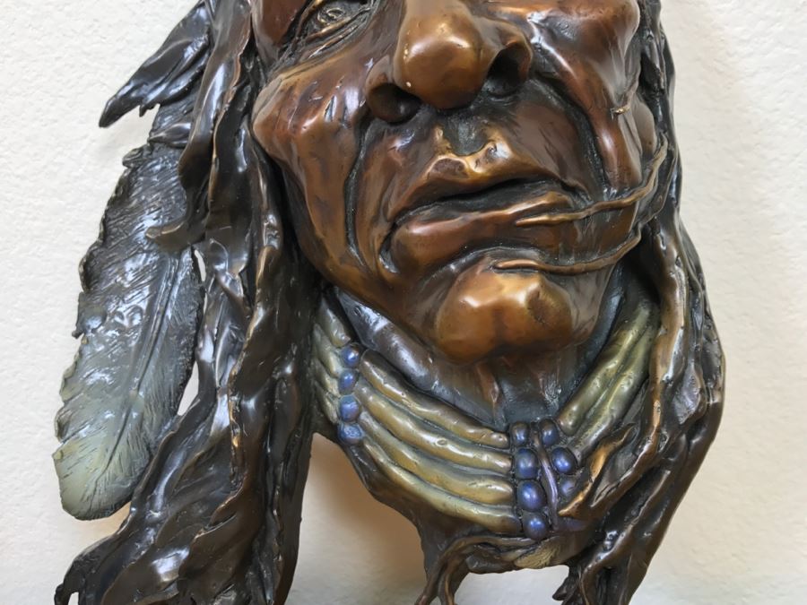 Signed Bronze Wall-Mounted Bust Of Native American 10'W X 14'H X 4.5'D [Photo 27]