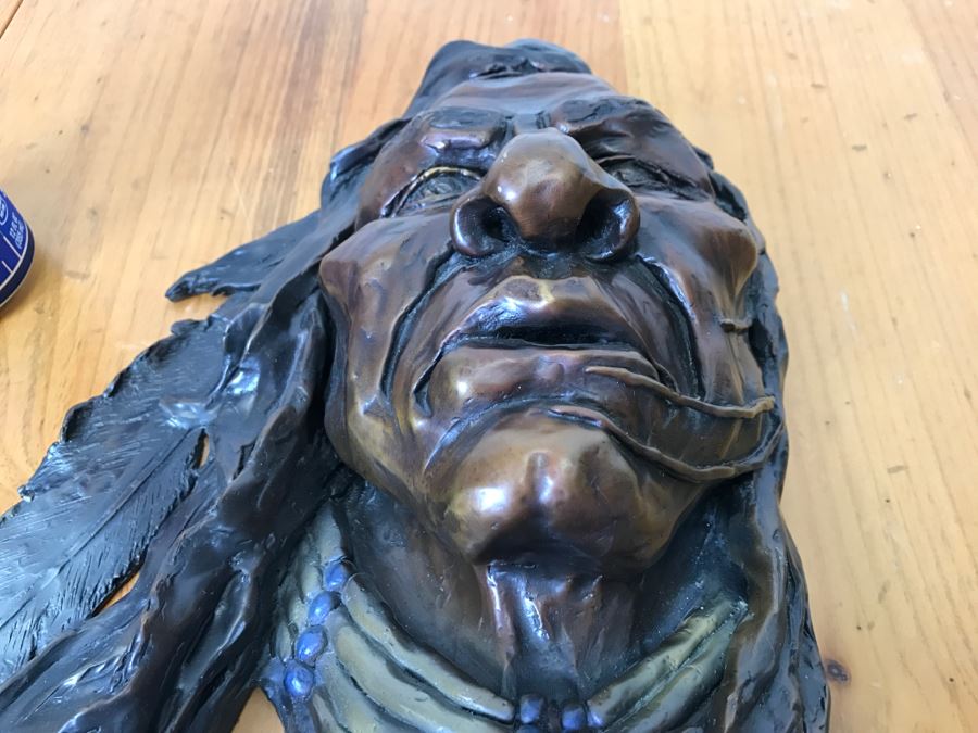 Signed Bronze Wall-Mounted Bust Of Native American 10'W X 14'H X 4.5'D [Photo 3]