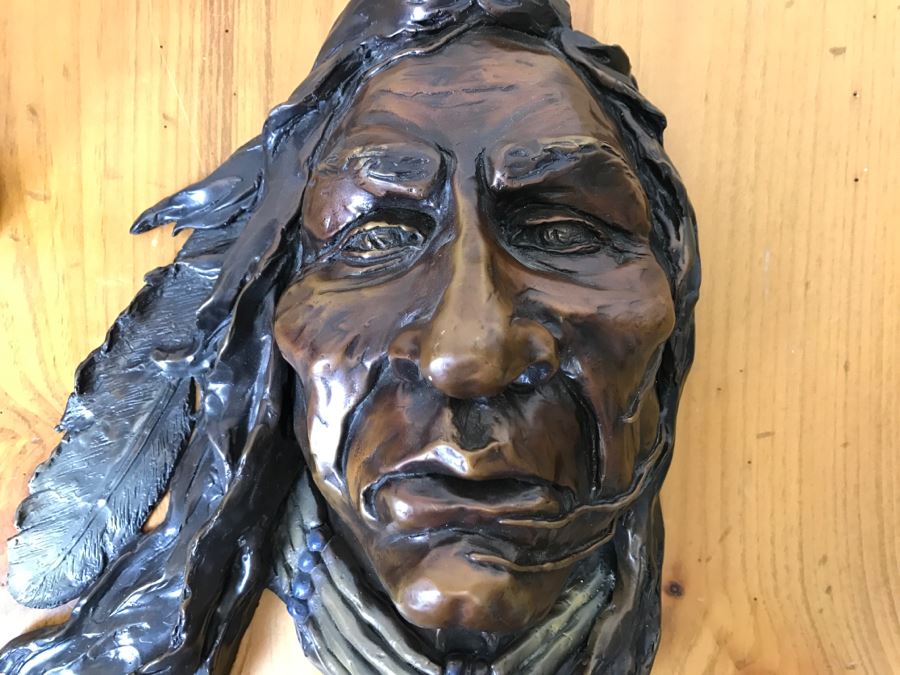 Signed Bronze Wall-Mounted Bust Of Native American 10'W X 14'H X 4.5'D [Photo 6]