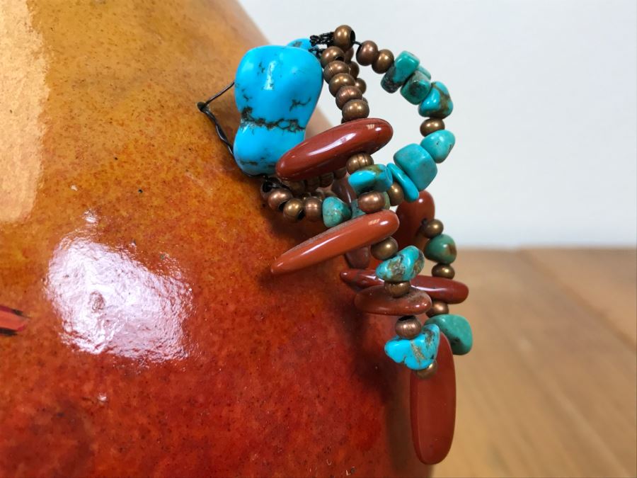 Signed Hand Painted Gourd Art With Turquoise And Coral Handles 7.5'W X 7.5'H [Photo 15]