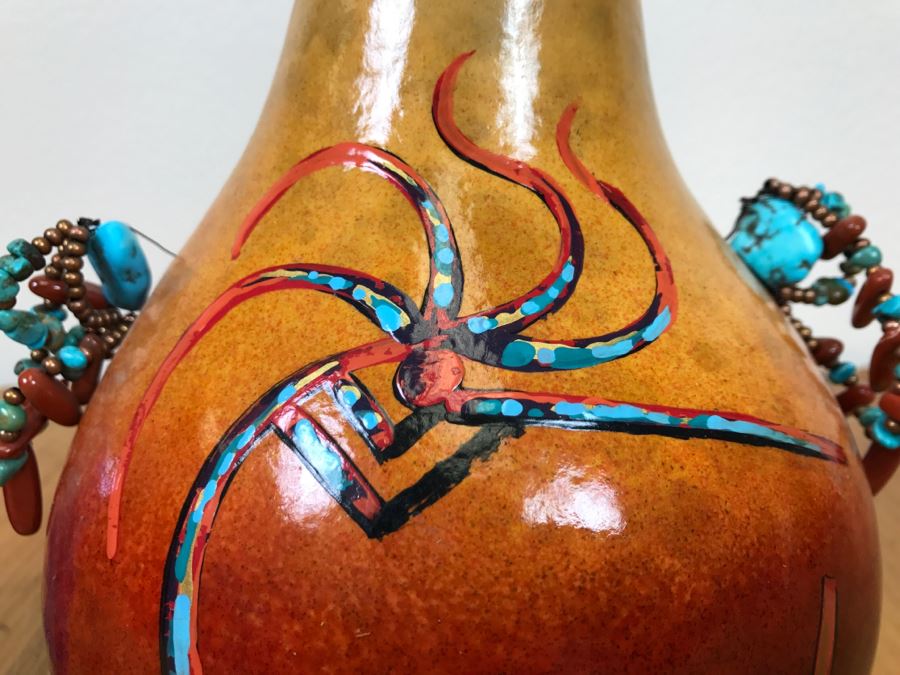 Signed Hand Painted Gourd Art With Turquoise And Coral Handles 7.5'W X 7.5'H [Photo 5]