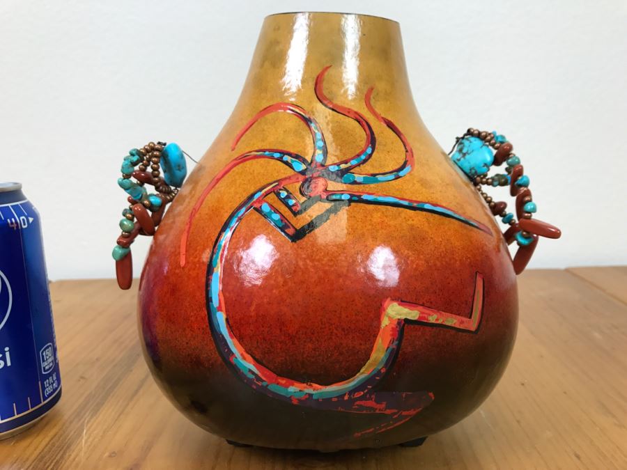 Signed Hand Painted Gourd Art With Turquoise And Coral Handles 7.5'W X 7.5'H [Photo 3]