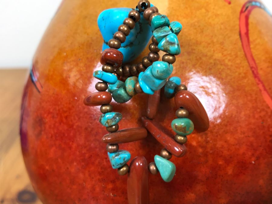 Signed Hand Painted Gourd Art With Turquoise And Coral Handles 7.5'W X 7.5'H [Photo 18]