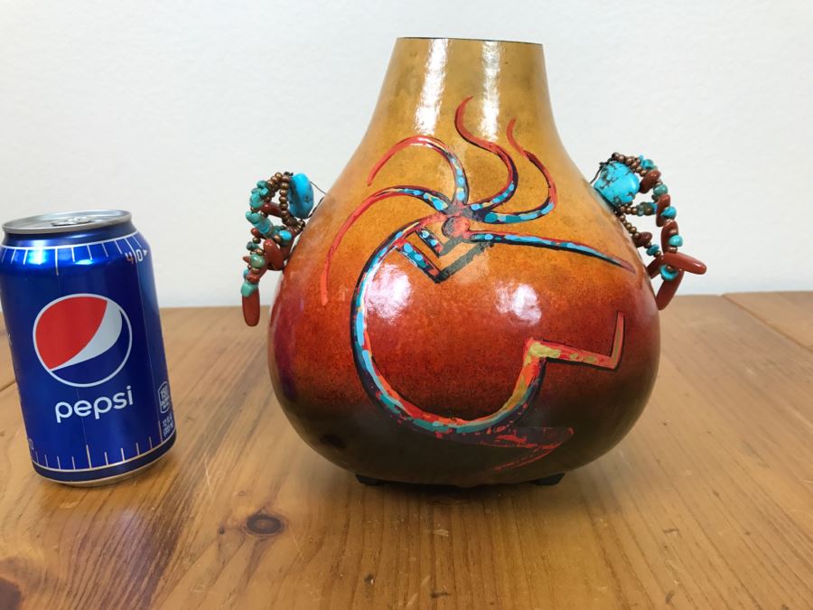 Signed Hand Painted Gourd Art With Turquoise And Coral Handles 7.5'W X 7.5'H [Photo 2]