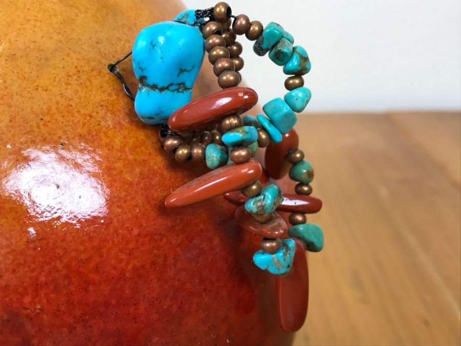 Signed Hand Painted Gourd Art With Turquoise And Coral Handles 7.5'W X 7.5'H [Photo 16]