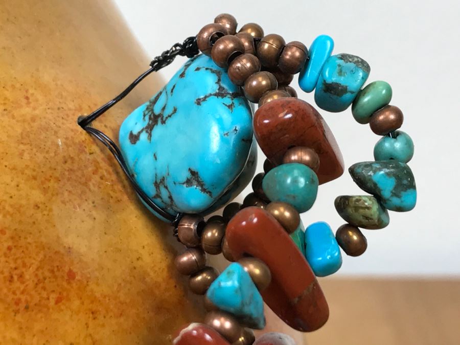 Signed Hand Painted Gourd Art With Turquoise And Coral Handles 7.5'W X 7.5'H [Photo 9]