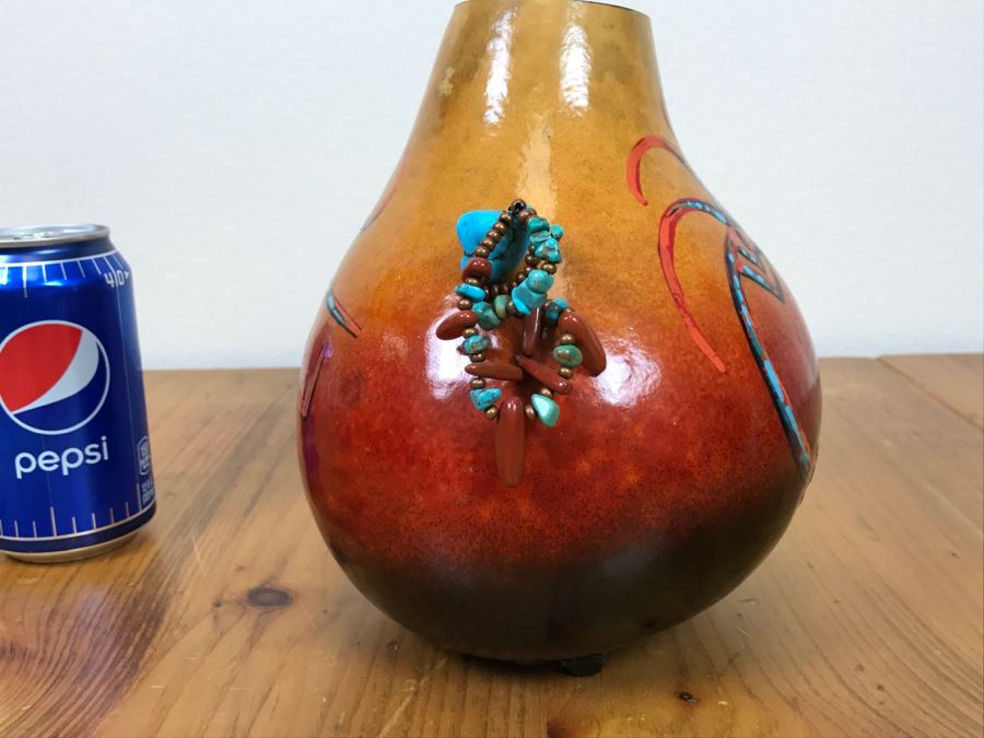 Signed Hand Painted Gourd Art With Turquoise And Coral Handles 7.5'W X 7.5'H [Photo 17]