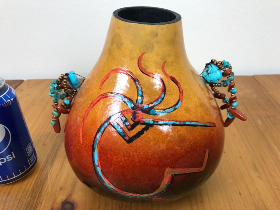 Signed Hand Painted Gourd Art With Turquoise And Coral Handles 7.5'W X 7.5'H [Photo 4]