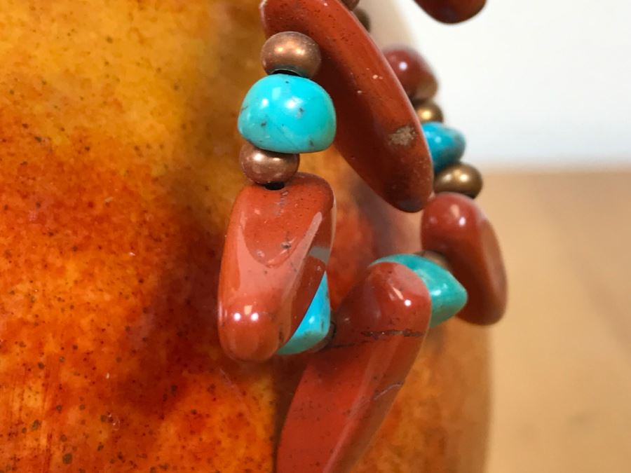 Signed Hand Painted Gourd Art With Turquoise And Coral Handles 7.5'W X 7.5'H [Photo 10]