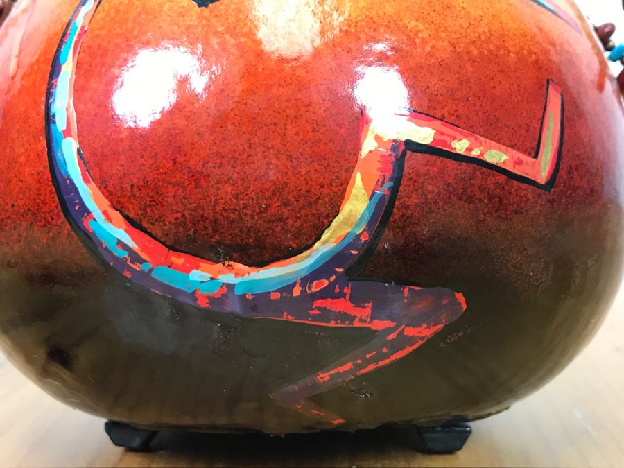 Signed Hand Painted Gourd Art With Turquoise And Coral Handles 7.5'W X 7.5'H [Photo 7]