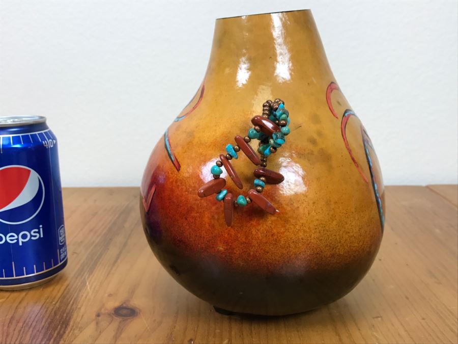 Signed Hand Painted Gourd Art With Turquoise And Coral Handles 7.5'W X 7.5'H [Photo 11]