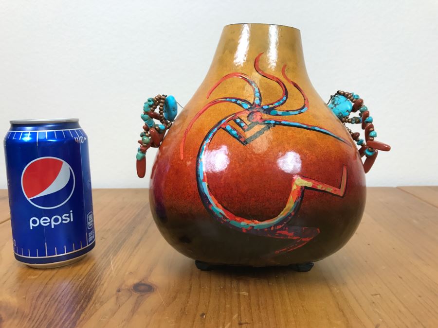 Signed Hand Painted Gourd Art With Turquoise And Coral Handles 7.5'W X 7.5'H [Photo 1]