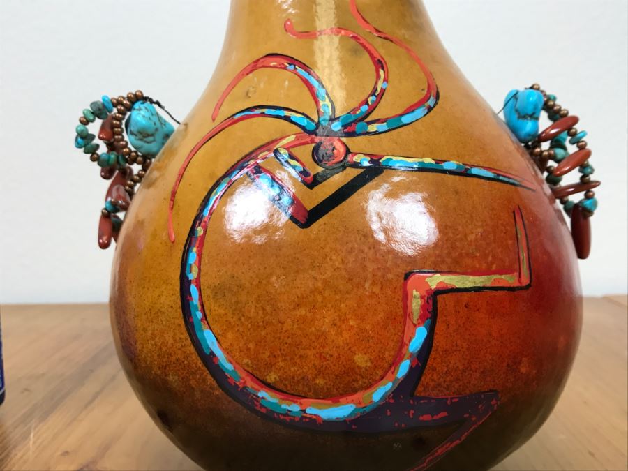Signed Hand Painted Gourd Art With Turquoise And Coral Handles 7.5'W X 7.5'H [Photo 13]