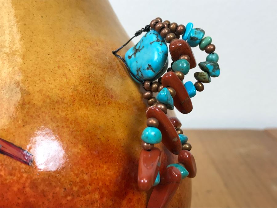 Signed Hand Painted Gourd Art With Turquoise And Coral Handles 7.5'W X 7.5'H [Photo 8]