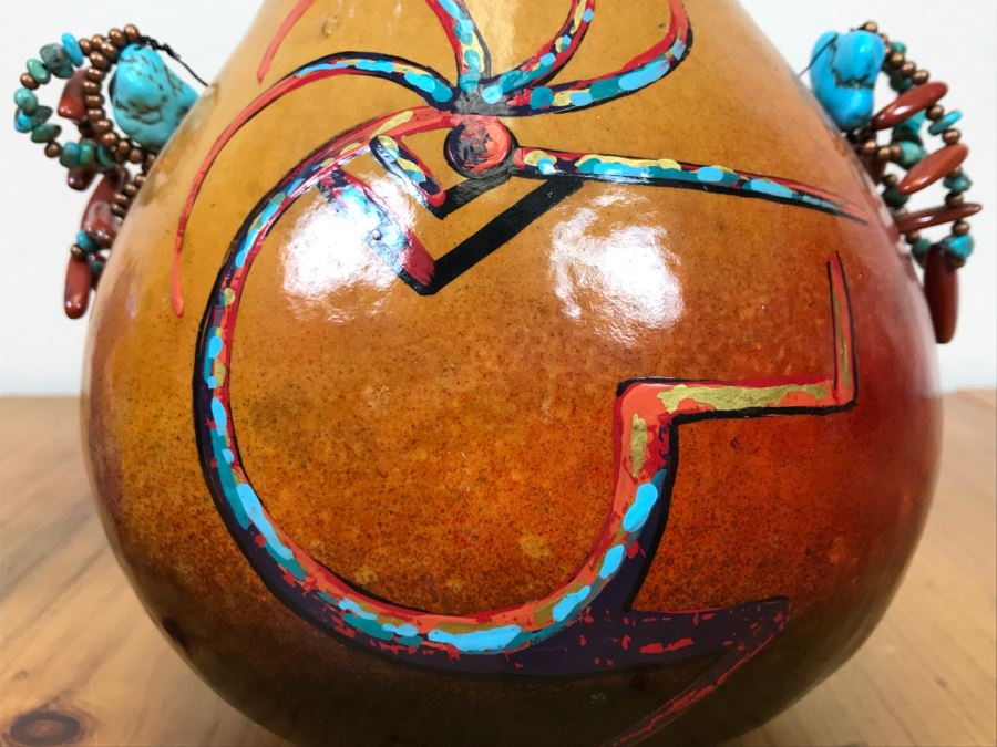 Signed Hand Painted Gourd Art With Turquoise And Coral Handles 7.5'W X 7.5'H [Photo 14]