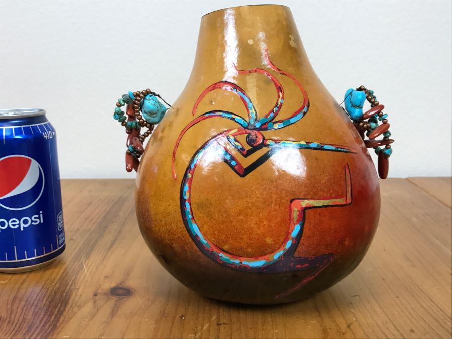 Signed Hand Painted Gourd Art With Turquoise And Coral Handles 7.5'W X 7.5'H [Photo 12]