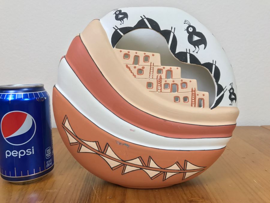 Hand Painted Native American Pottery Vase Signed N.L. Acoma, N.M. 9'W X 8.5'H X 2.5'D [Photo 24]