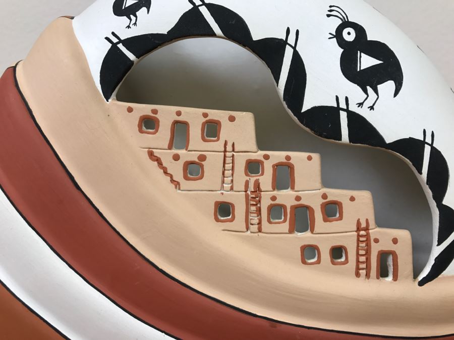 Hand Painted Native American Pottery Vase Signed N.L. Acoma, N.M. 9'W X 8.5'H X 2.5'D [Photo 12]