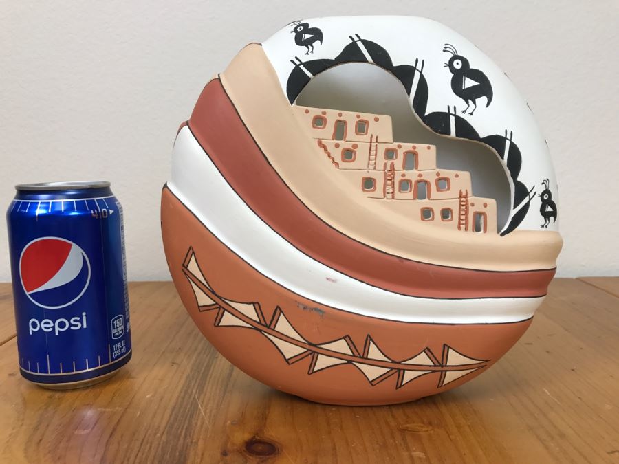 Hand Painted Native American Pottery Vase Signed N.L. Acoma, N.M. 9'W X 8.5'H X 2.5'D [Photo 1]