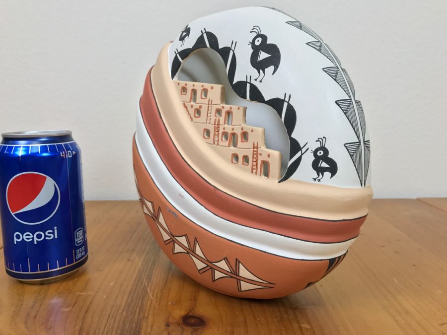 Hand Painted Native American Pottery Vase Signed N.L. Acoma, N.M. 9'W X 8.5'H X 2.5'D [Photo 23]