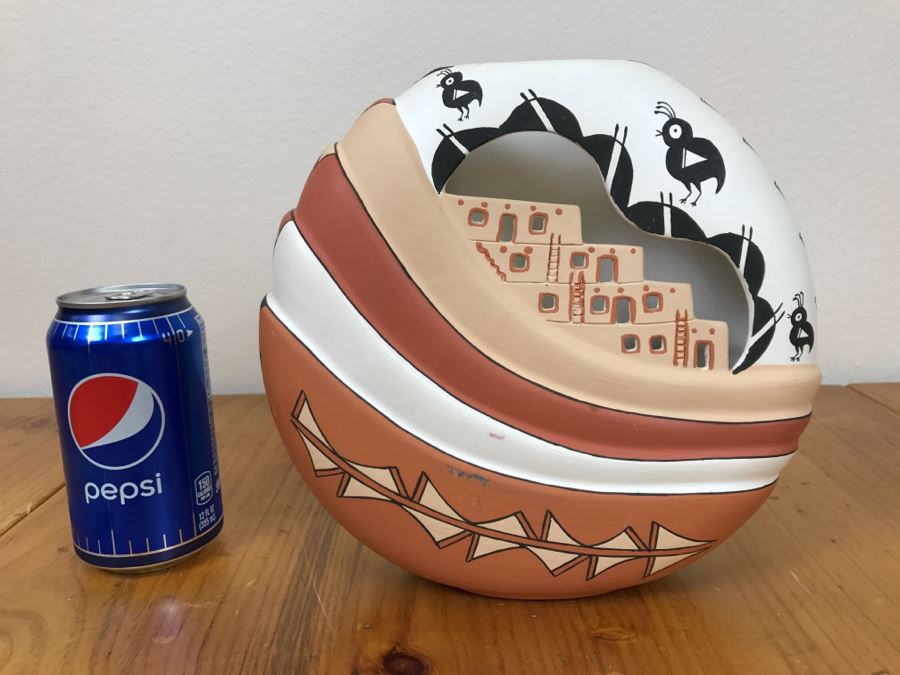 Hand Painted Native American Pottery Vase Signed N.L. Acoma, N.M. 9'W X 8.5'H X 2.5'D [Photo 3]