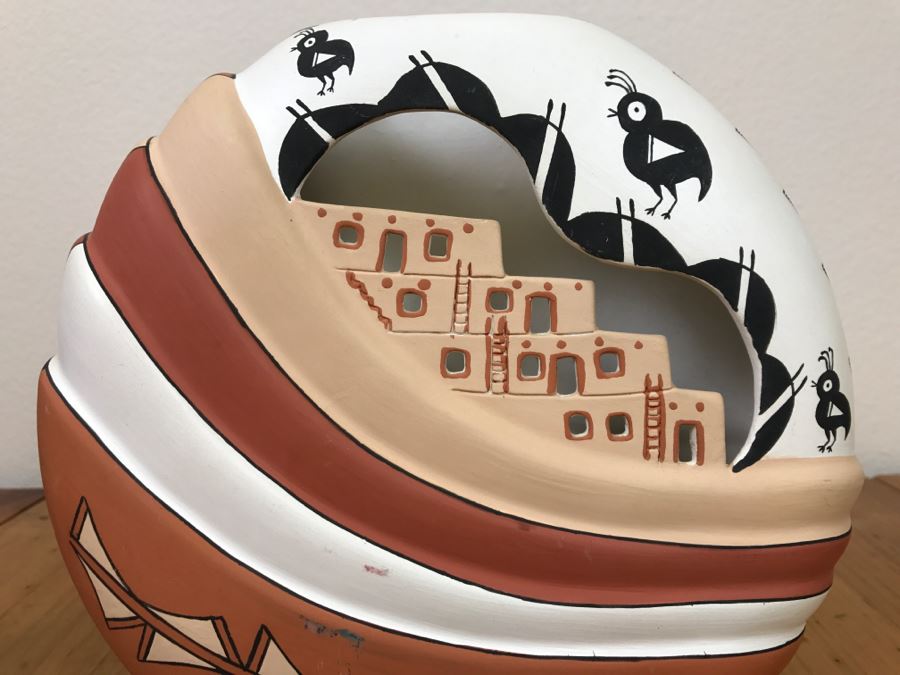 Hand Painted Native American Pottery Vase Signed N.L. Acoma, N.M. 9'W X 8.5'H X 2.5'D [Photo 11]