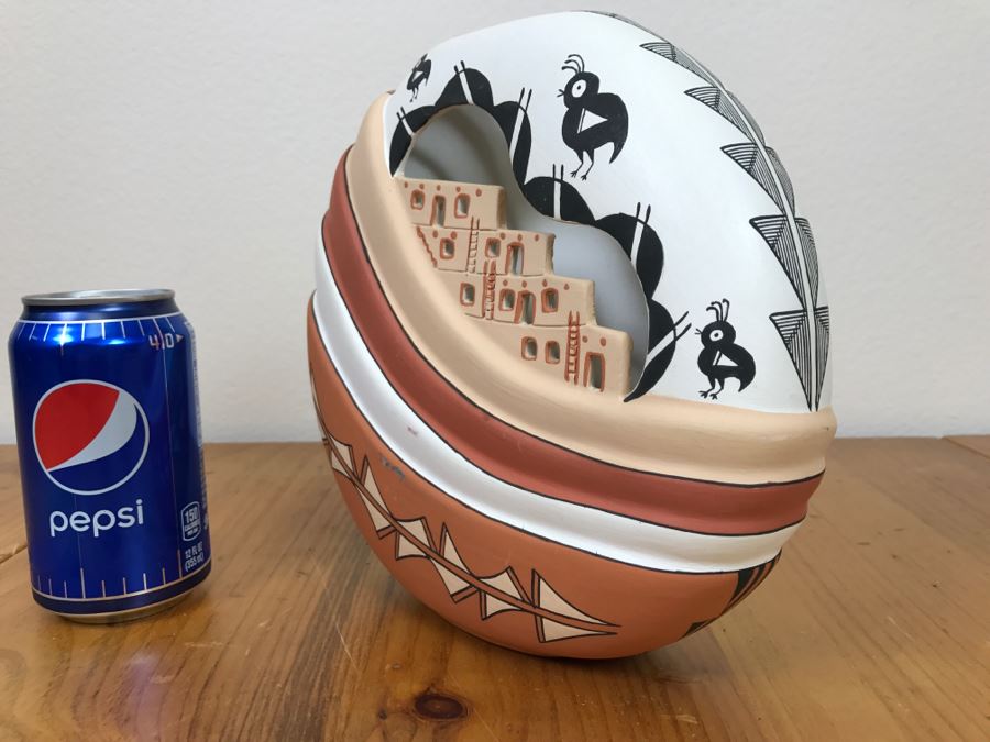 Hand Painted Native American Pottery Vase Signed N.L. Acoma, N.M. 9'W X 8.5'H X 2.5'D [Photo 22]