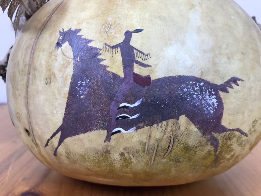 Signed Hand Painted Gourd Art Basket Man Riding Horse With Horses 11'W X 7'H [Photo 5]