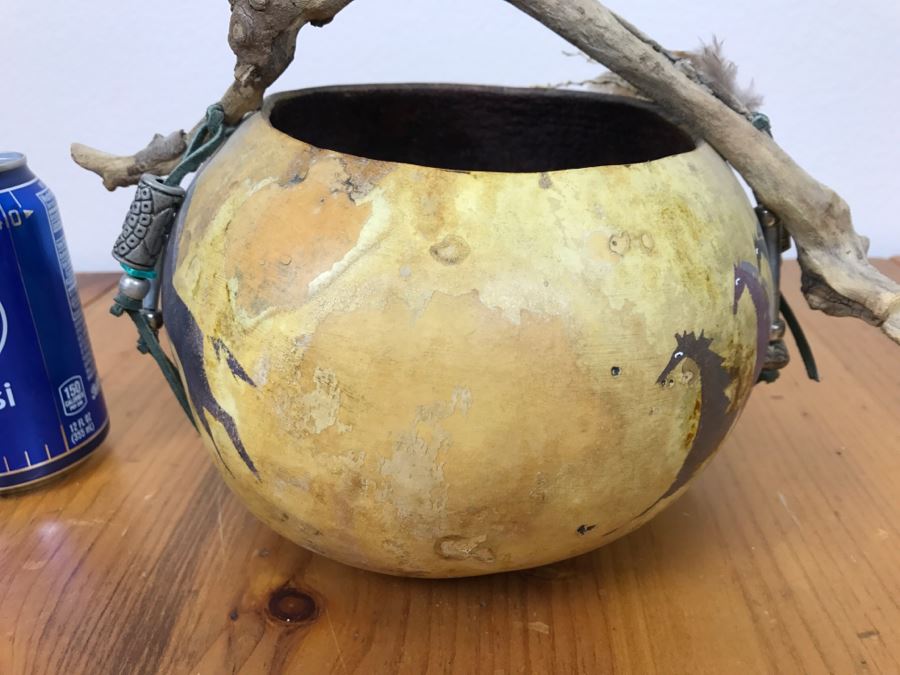 Signed Hand Painted Gourd Art Basket Man Riding Horse With Horses 11'W X 7'H [Photo 15]