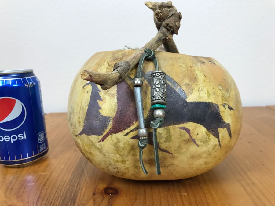 Signed Hand Painted Gourd Art Basket Man Riding Horse With Horses 11'W X 7'H [Photo 16]