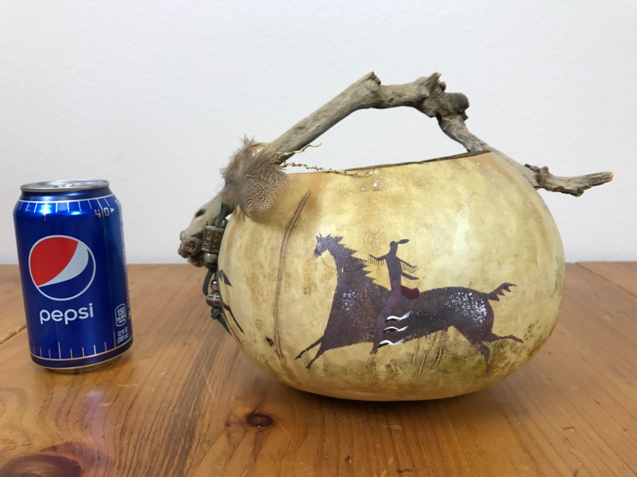 Signed Hand Painted Gourd Art Basket Man Riding Horse With Horses 11'W X 7'H [Photo 3]