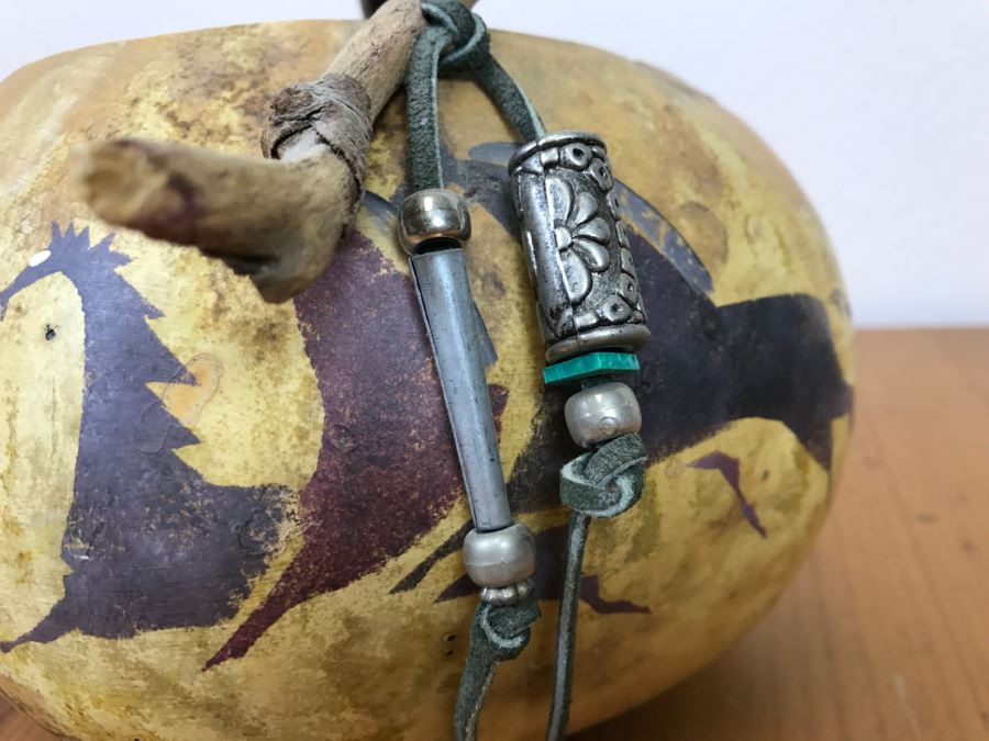 Signed Hand Painted Gourd Art Basket Man Riding Horse With Horses 11'W X 7'H [Photo 20]