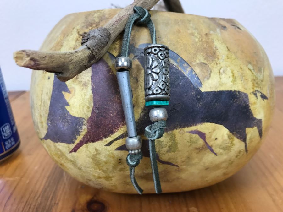 Signed Hand Painted Gourd Art Basket Man Riding Horse With Horses 11'W X 7'H [Photo 17]