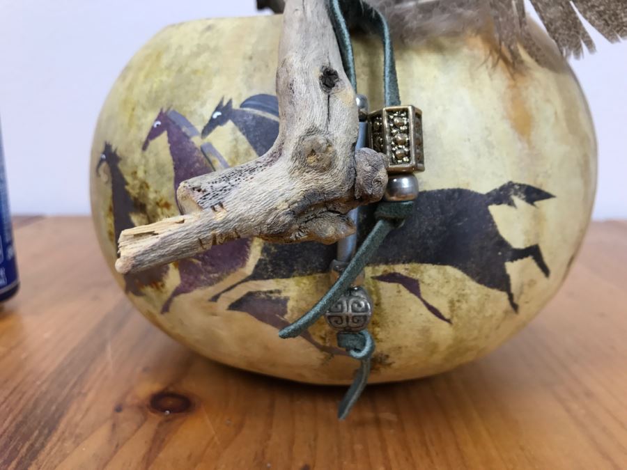 Signed Hand Painted Gourd Art Basket Man Riding Horse With Horses 11'W X 7'H [Photo 9]