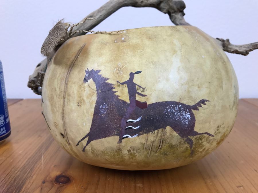 Signed Hand Painted Gourd Art Basket Man Riding Horse With Horses 11'W X 7'H [Photo 4]