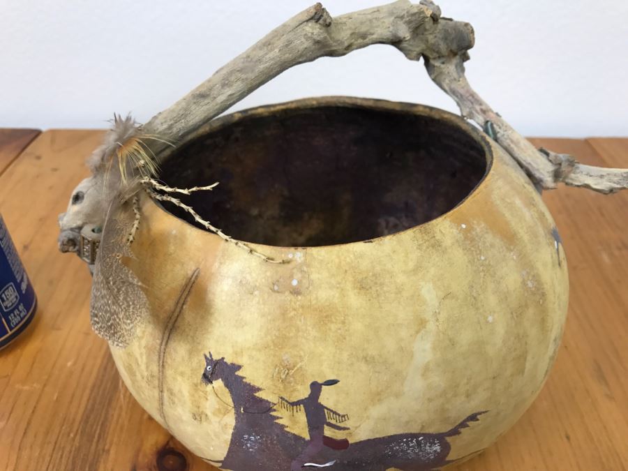Signed Hand Painted Gourd Art Basket Man Riding Horse With Horses 11'W X 7'H [Photo 7]