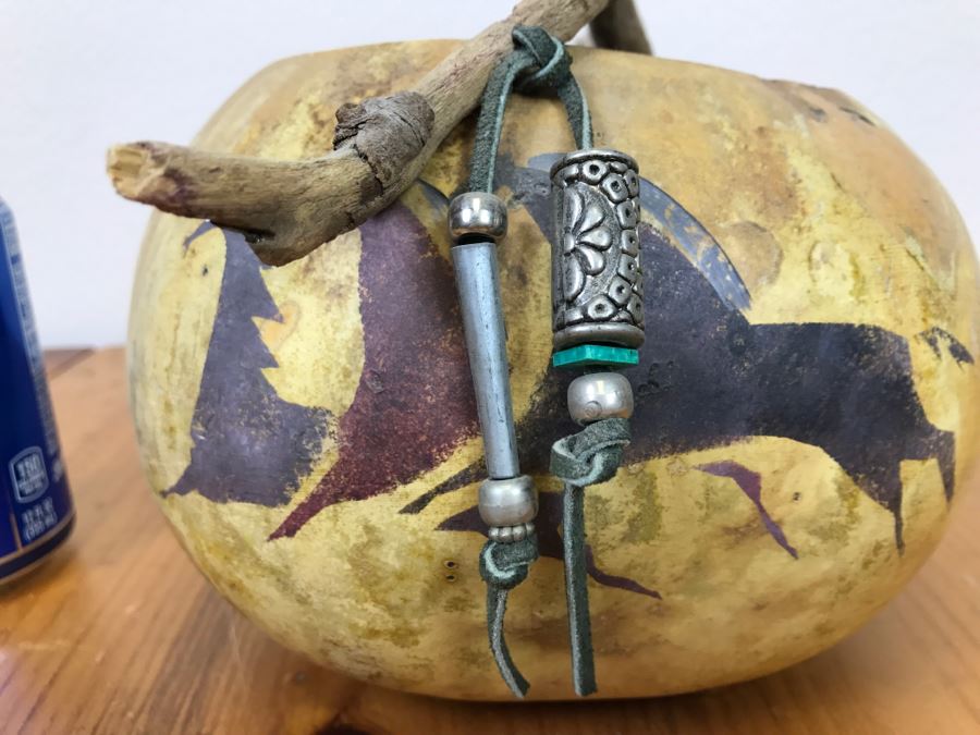 Signed Hand Painted Gourd Art Basket Man Riding Horse With Horses 11'W X 7'H [Photo 18]